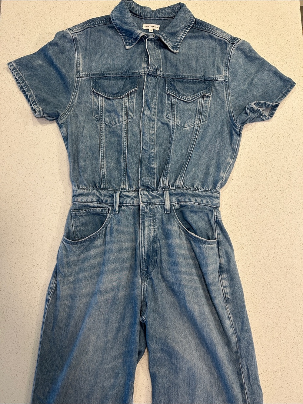 Good America  Denim Short-Sleeve One-Piece Jumpsuit - Blue